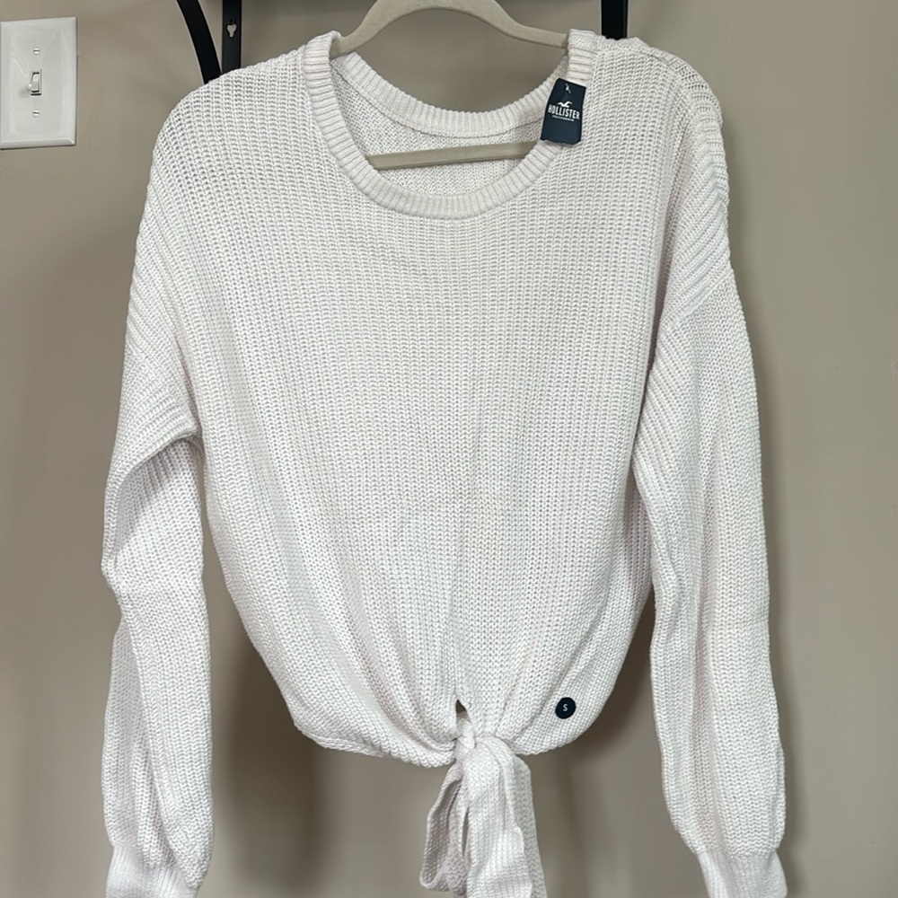 Women’s (S) crewneck white Hollister sweater with tie in front